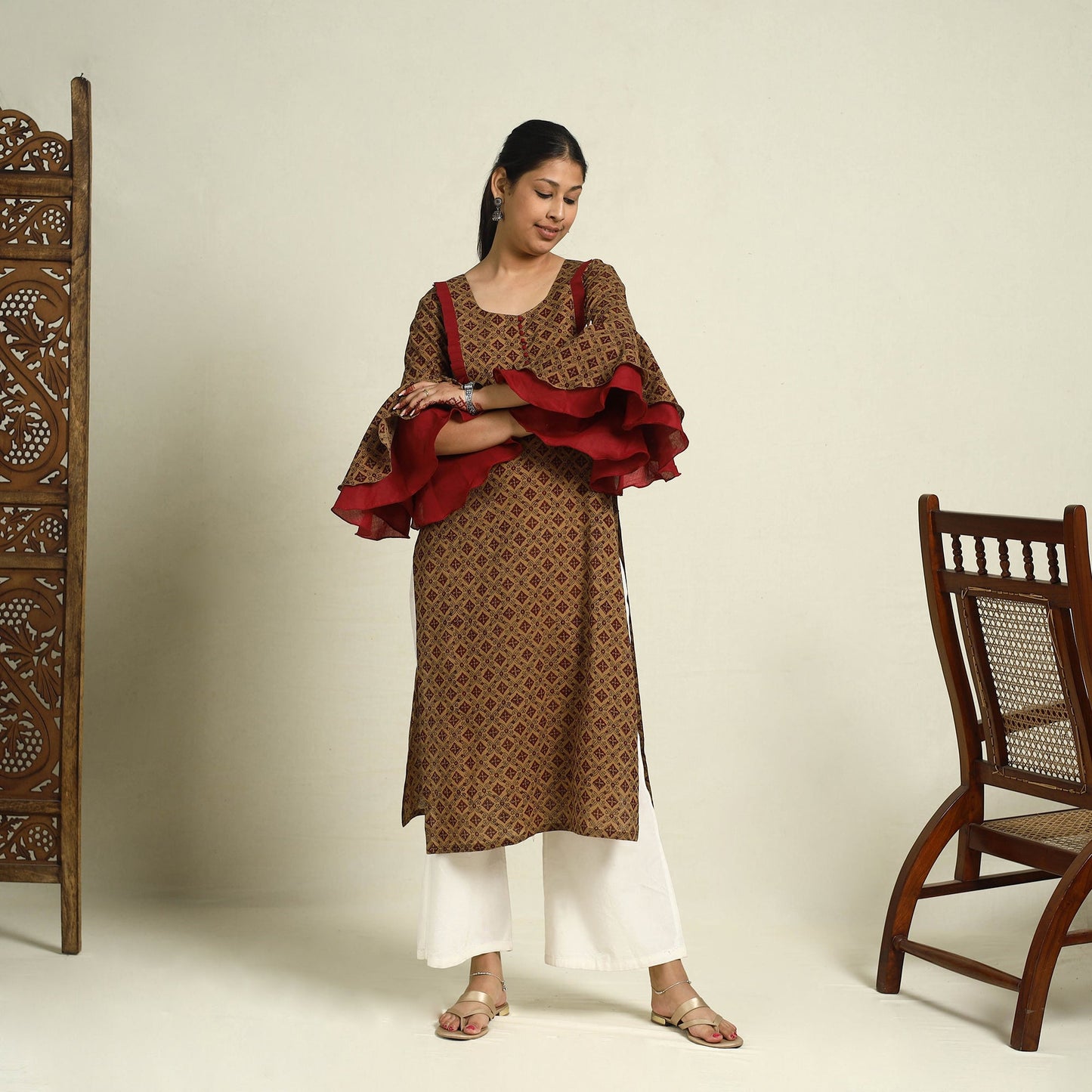 Buy Brown Block Print Mul Cotton Straight Bagh Kurta for Women