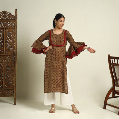 Buy Brown Block Print Mul Cotton Straight Bagh Kurta for Women