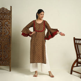 Buy Brown Block Print Mul Cotton Straight Bagh Kurta for Women