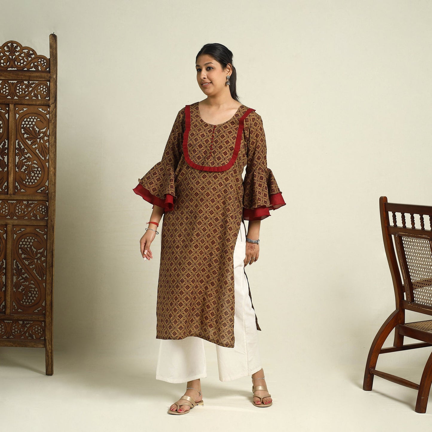 Buy Brown Block Print Mul Cotton Straight Bagh Kurta for Women