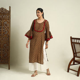 Buy Brown Block Print Mul Cotton Straight Bagh Kurta for Women