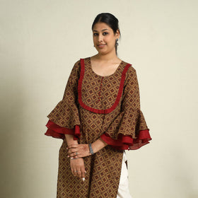 Buy Brown Block Print Mul Cotton Straight Bagh Kurta for Women