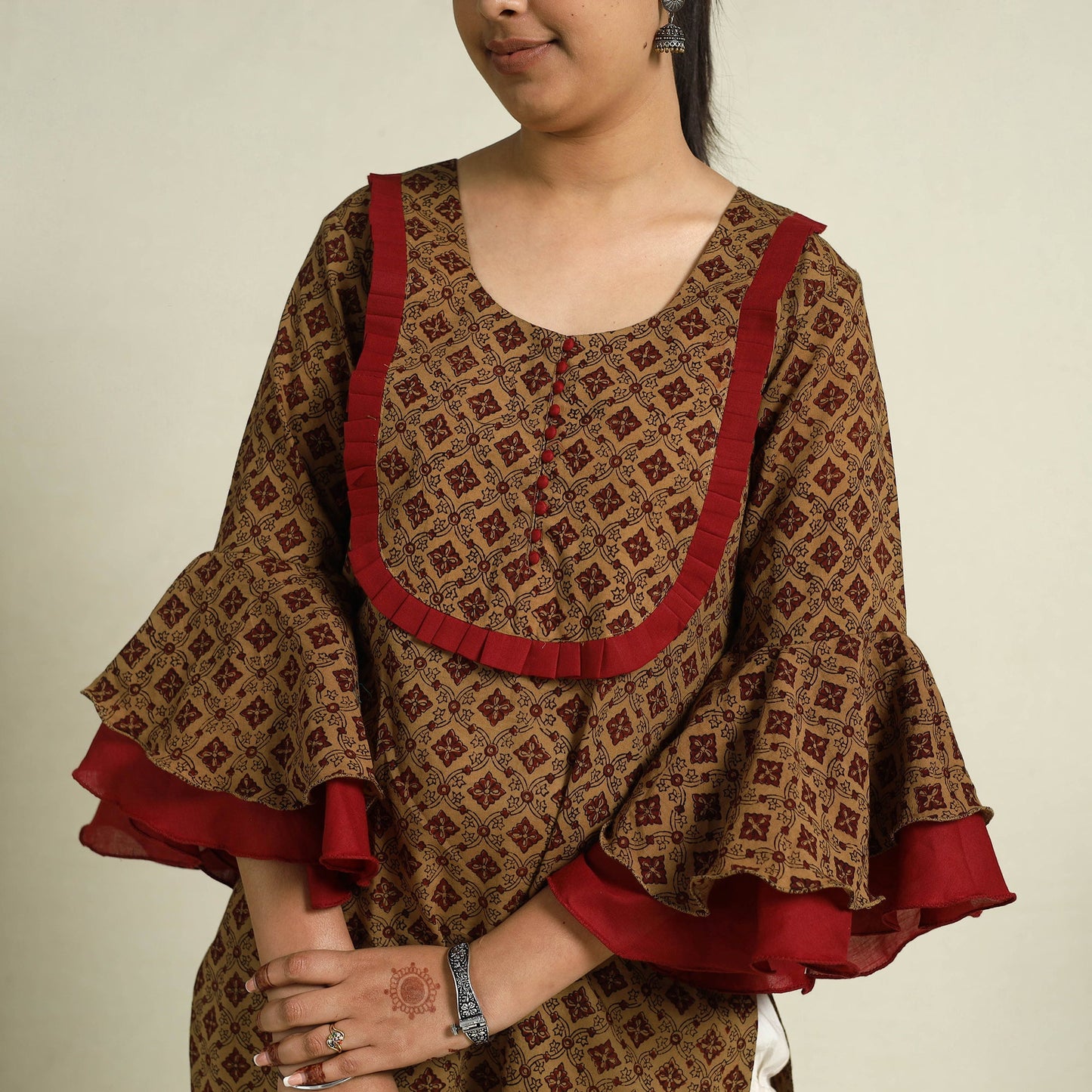 Buy Brown Block Print Mul Cotton Straight Bagh Kurta for Women