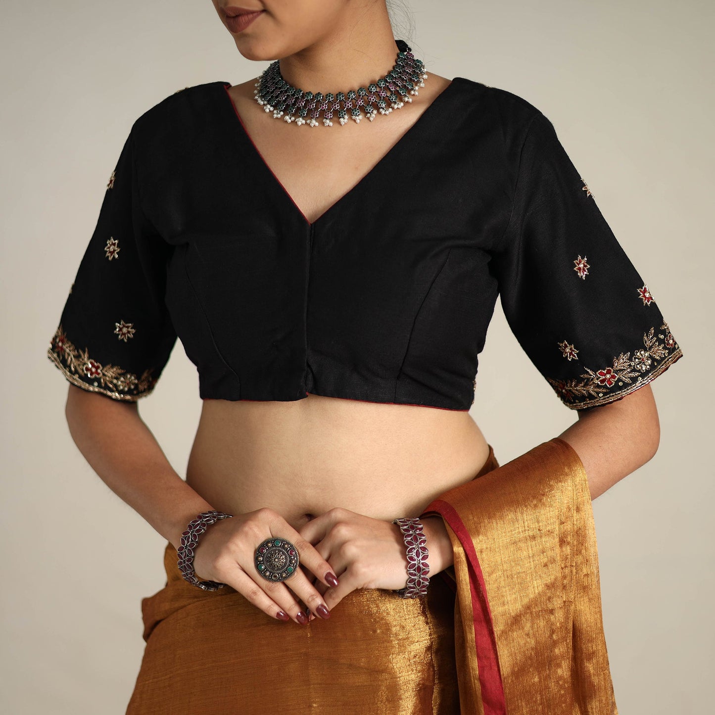 Mul Tissue Zari Brown Bengal Saree with Embroidered Blouse 
