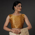 Brown - mustard yellow banarasi silk zari weave stitched