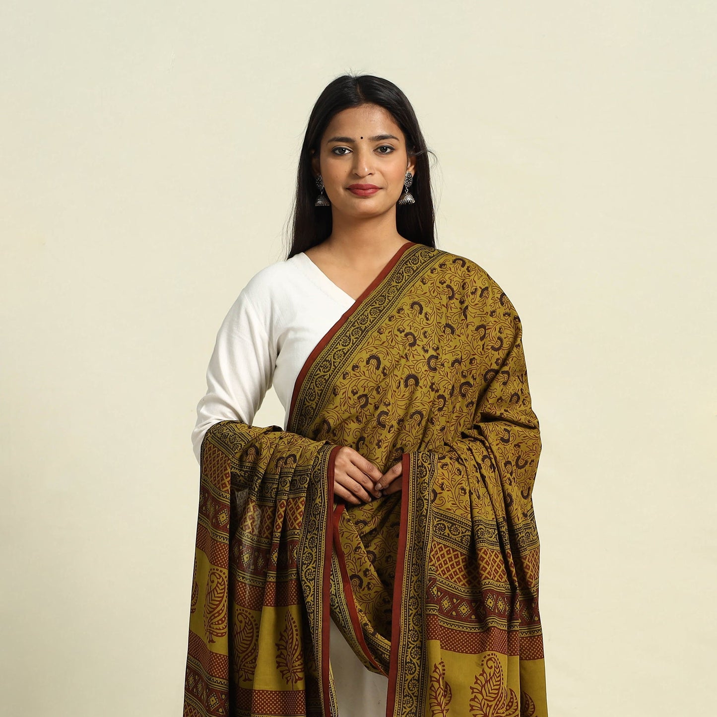 Brown - Natural Dye Mul Cotton Bagh Print Dupatta