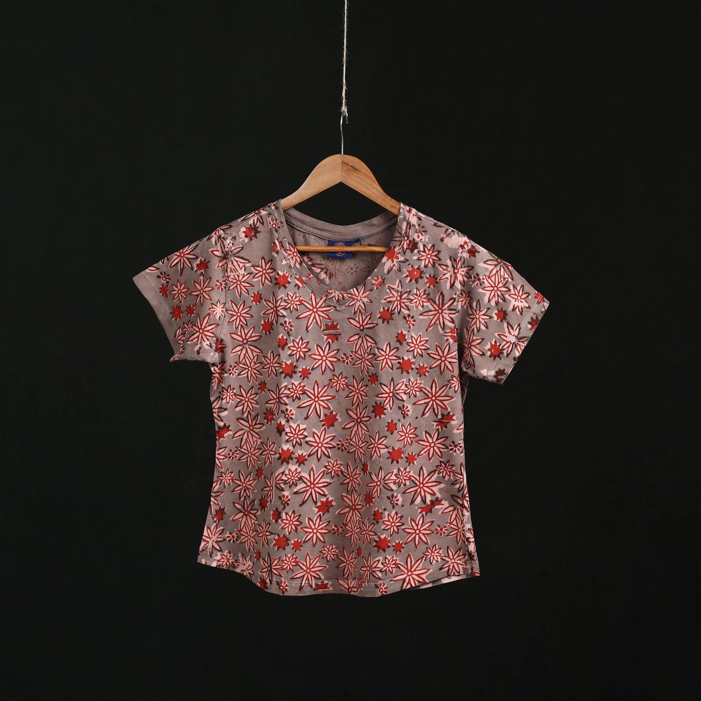 Natural dyed bindaas block art printed cotton v neck