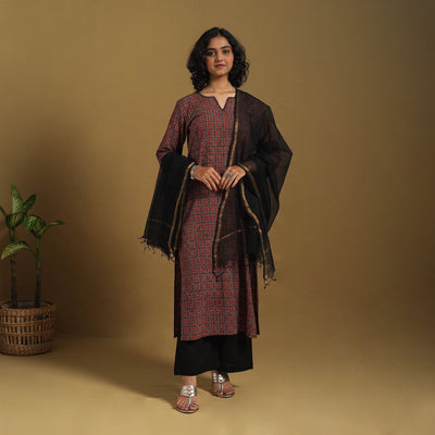 Brown Natural Dyed Block Print Cotton Ajrakh Kurta Set (Set of 3)