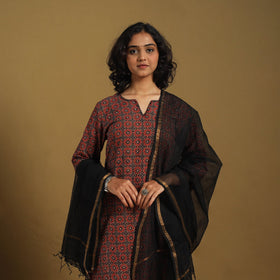 Brown Natural Dyed Block Print Cotton Ajrakh Kurta Set (Set of 3)
