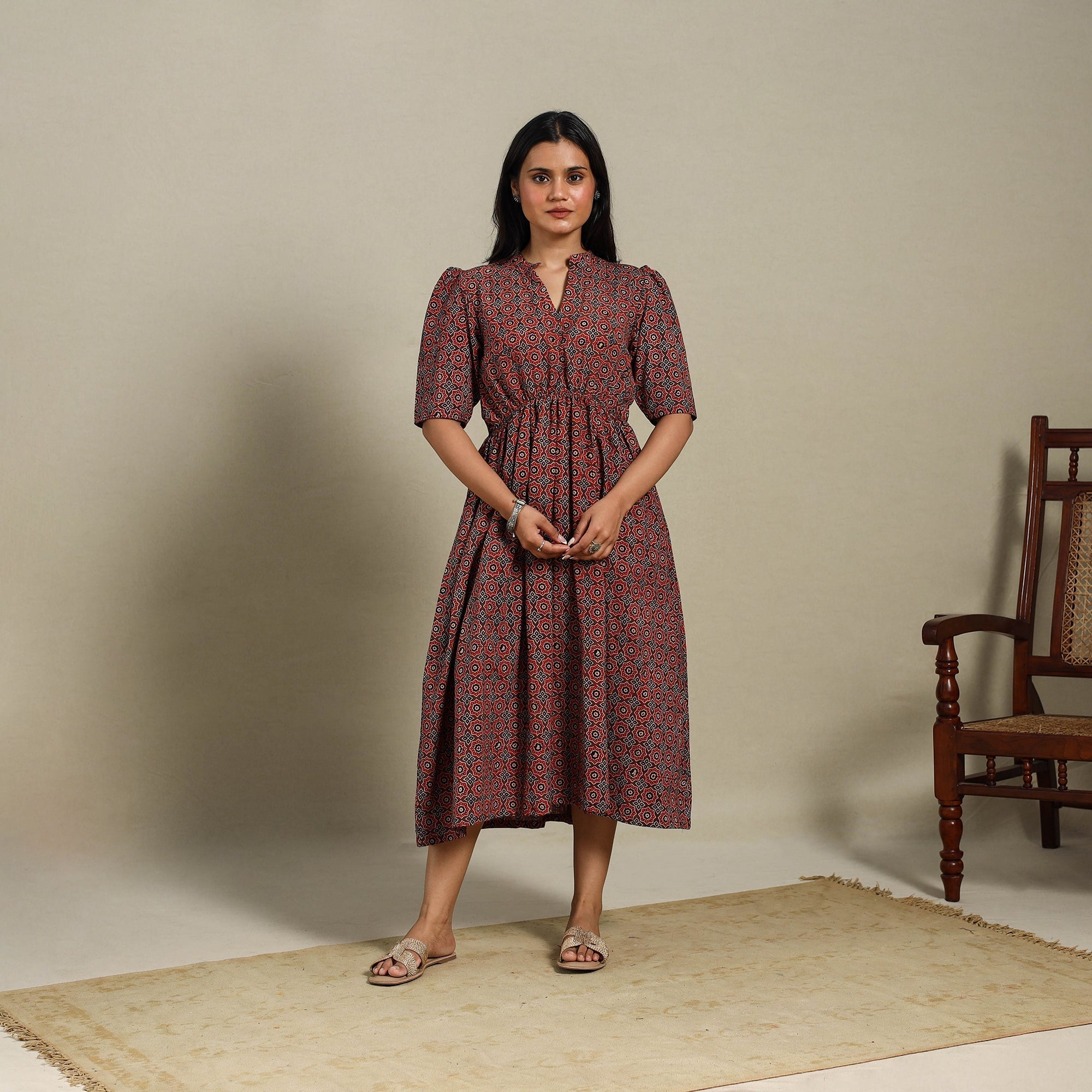 Brown Natural Dyed Block Print Cotton Fit & Flare Ajrakh Dress Brown Natural Dyed Block Print Cotton Fit & Flare Ajrakh Dress