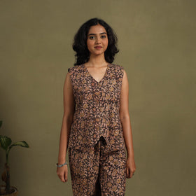 Brown Natural Dyed Block Print Cotton Pedana Kalamkari Co-ord Set