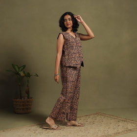 Brown Natural Dyed Block Print Cotton Pedana Kalamkari Co-ord Set