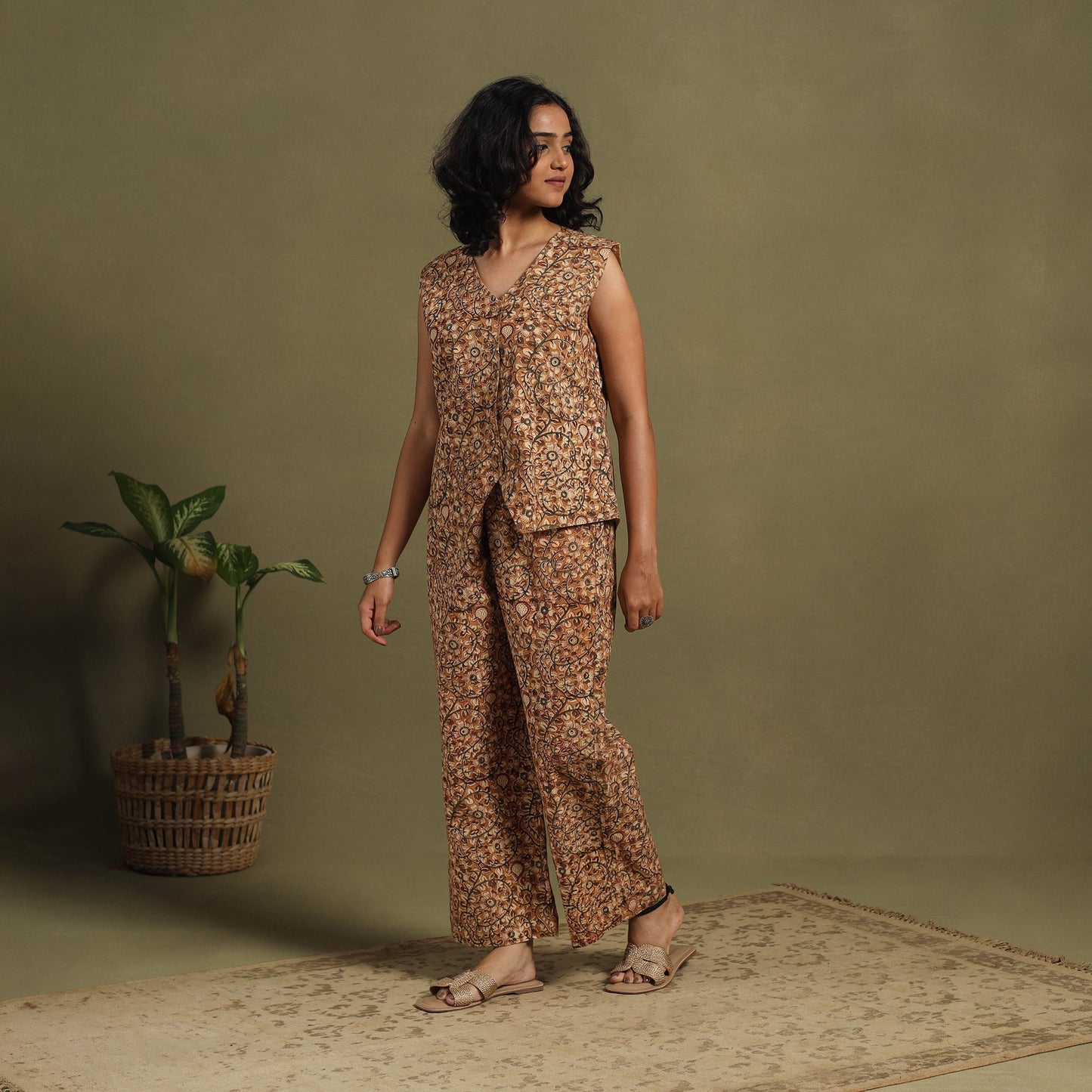 Brown Natural Dyed Block Print Cotton Pedana Kalamkari Co-ord Set