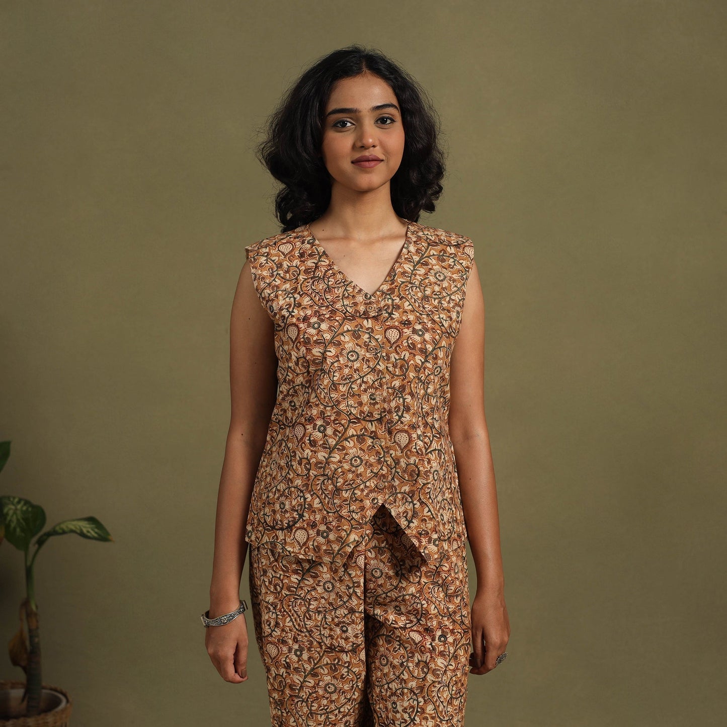 Brown Natural Dyed Block Print Cotton Pedana Kalamkari Co-ord Set