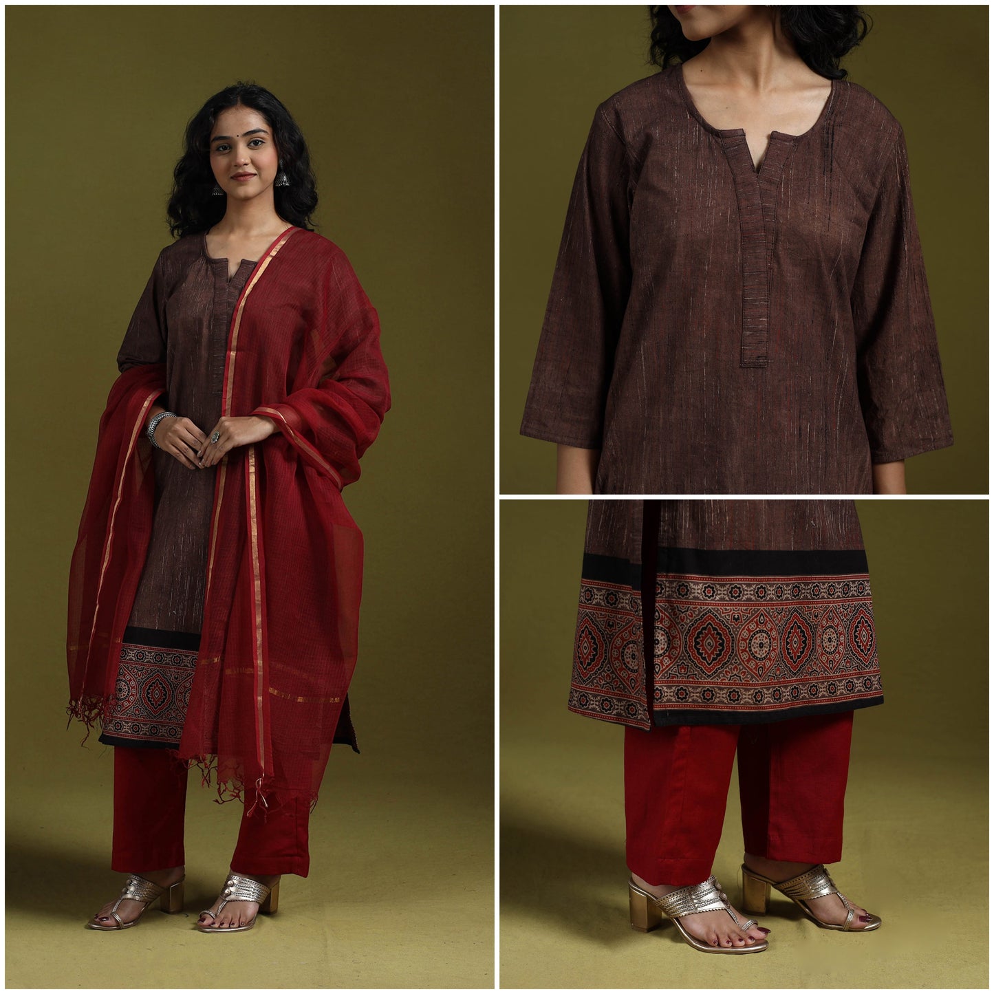Natural dyed brush design ajrakh print cotton suit set