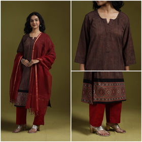 Natural dyed brush design ajrakh print cotton suit set
