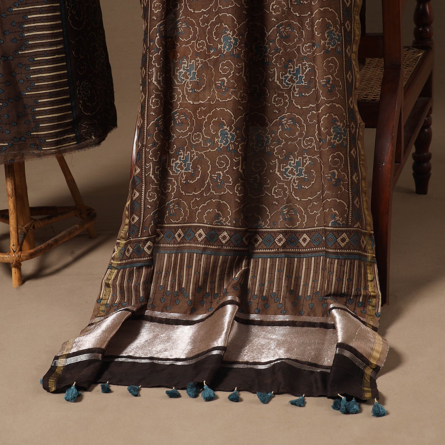Brown Natural Dyed Chanderi Silk 2pc Unstitched Ajrakh Dress Material