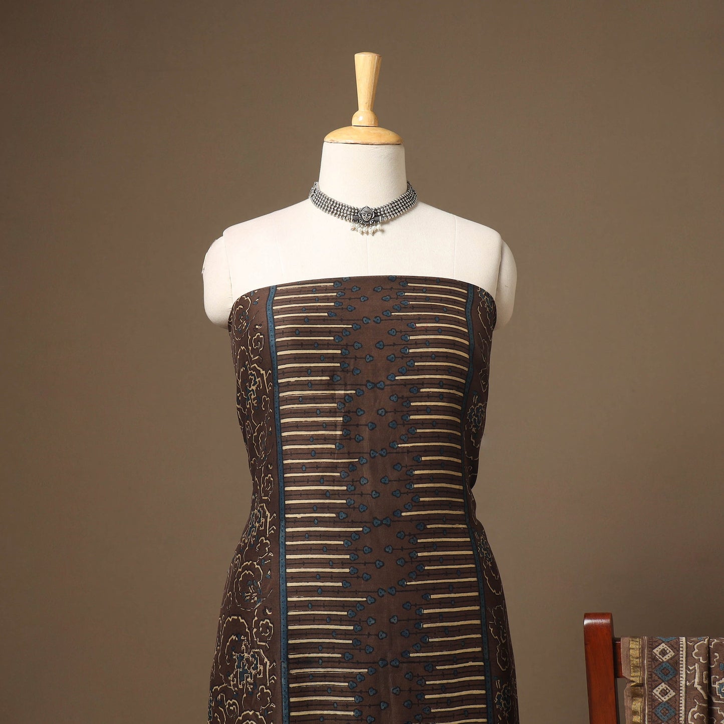 Brown Natural Dyed Chanderi Silk 2pc Unstitched Ajrakh Dress Material