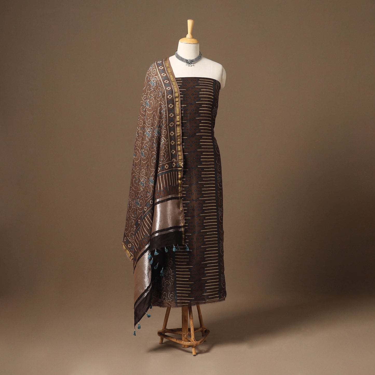 Brown Natural Dyed Chanderi Silk 2pc Unstitched Ajrakh Dress Material