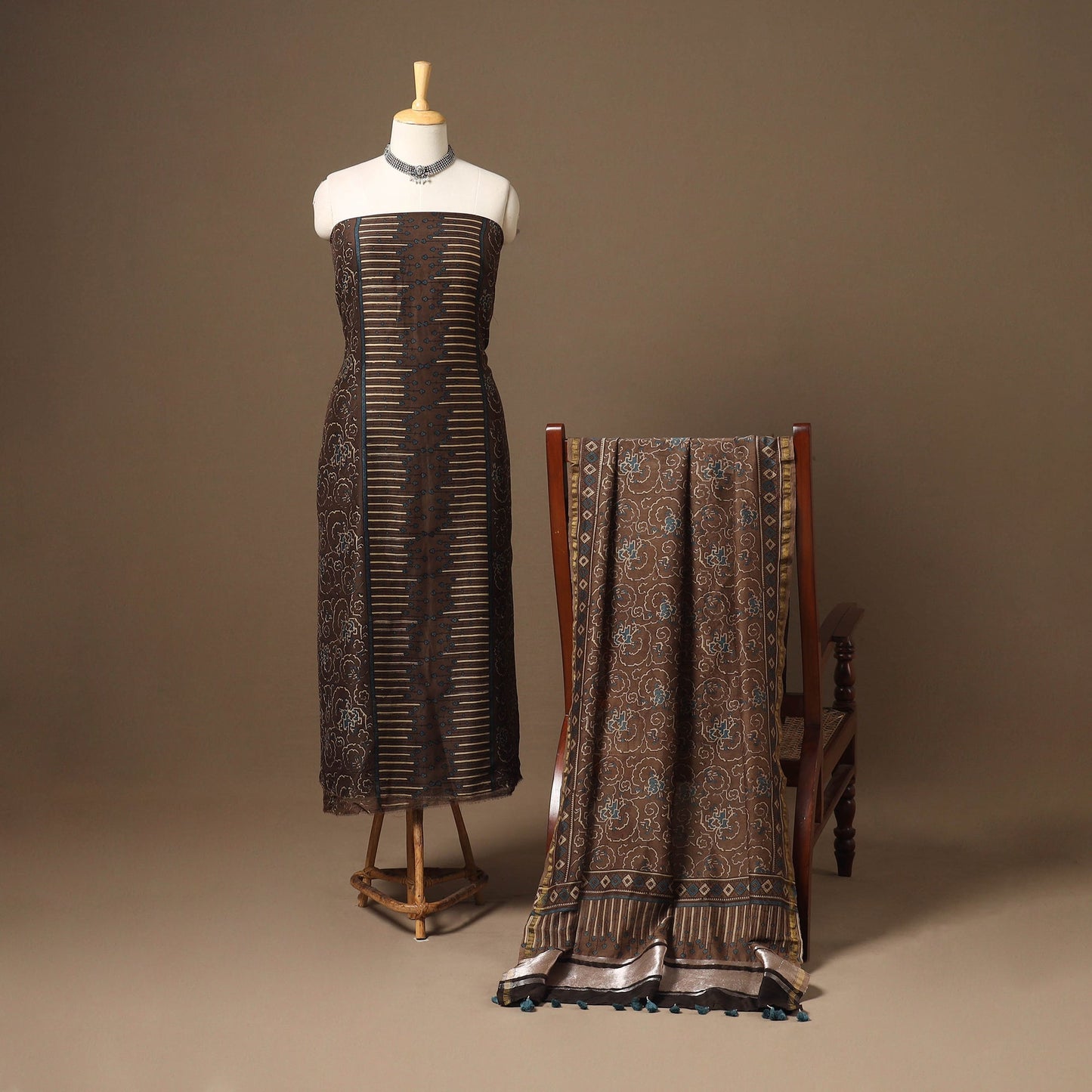 Brown Natural Dyed Chanderi Silk 2pc Unstitched Ajrakh Dress Material