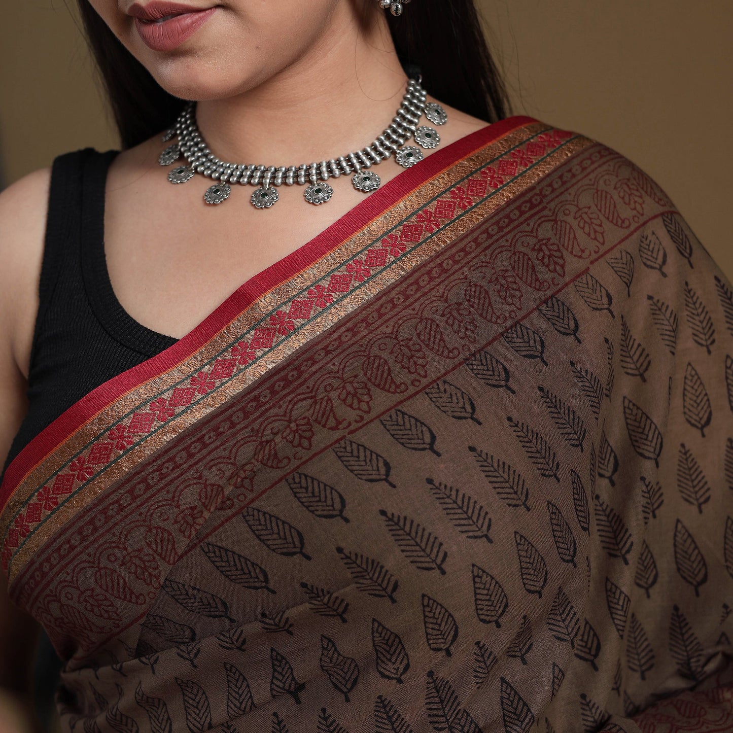 Brown - natural dyed cotton bagh saree 07 - handcrafted