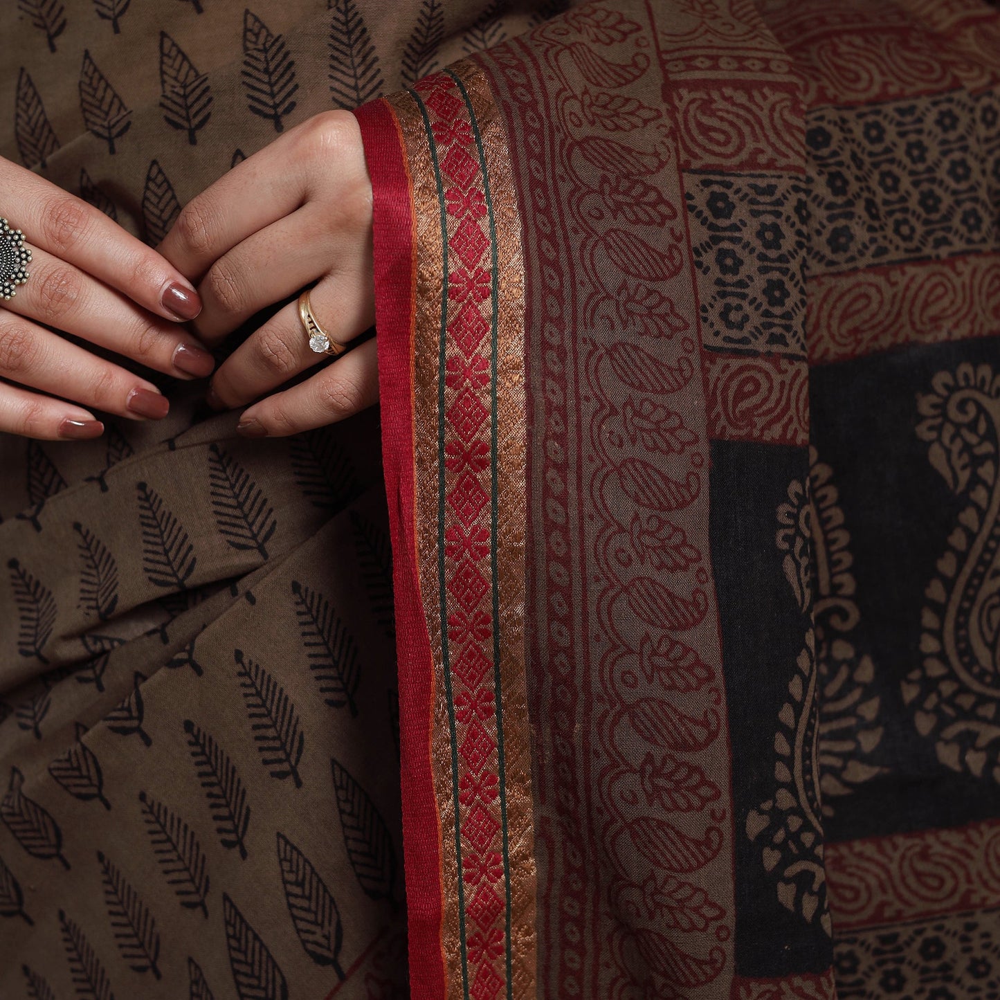 Brown - natural dyed cotton bagh saree 07 - handcrafted