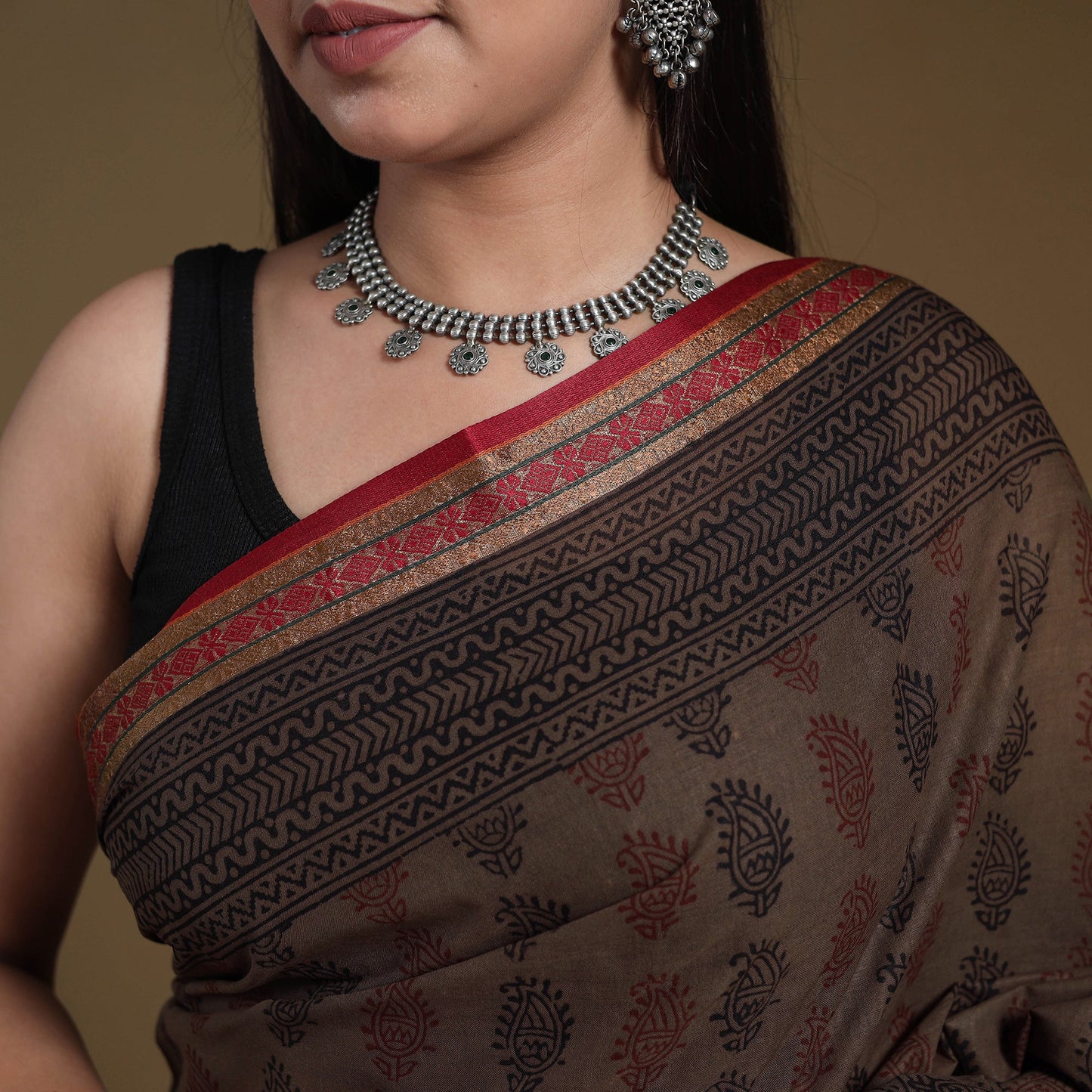 Brown - natural dyed cotton bagh saree 09 - handcrafted