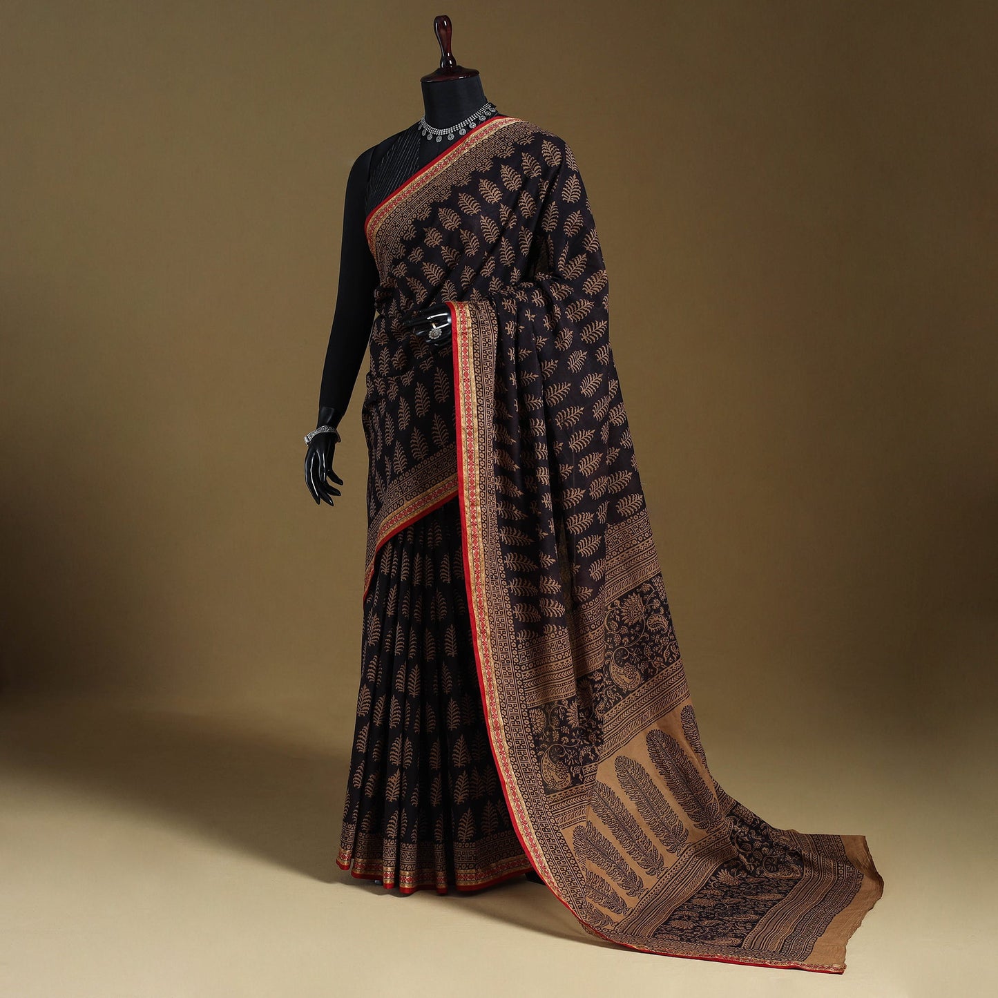 Brown - natural dyed cotton bagh saree 19 - handcrafted