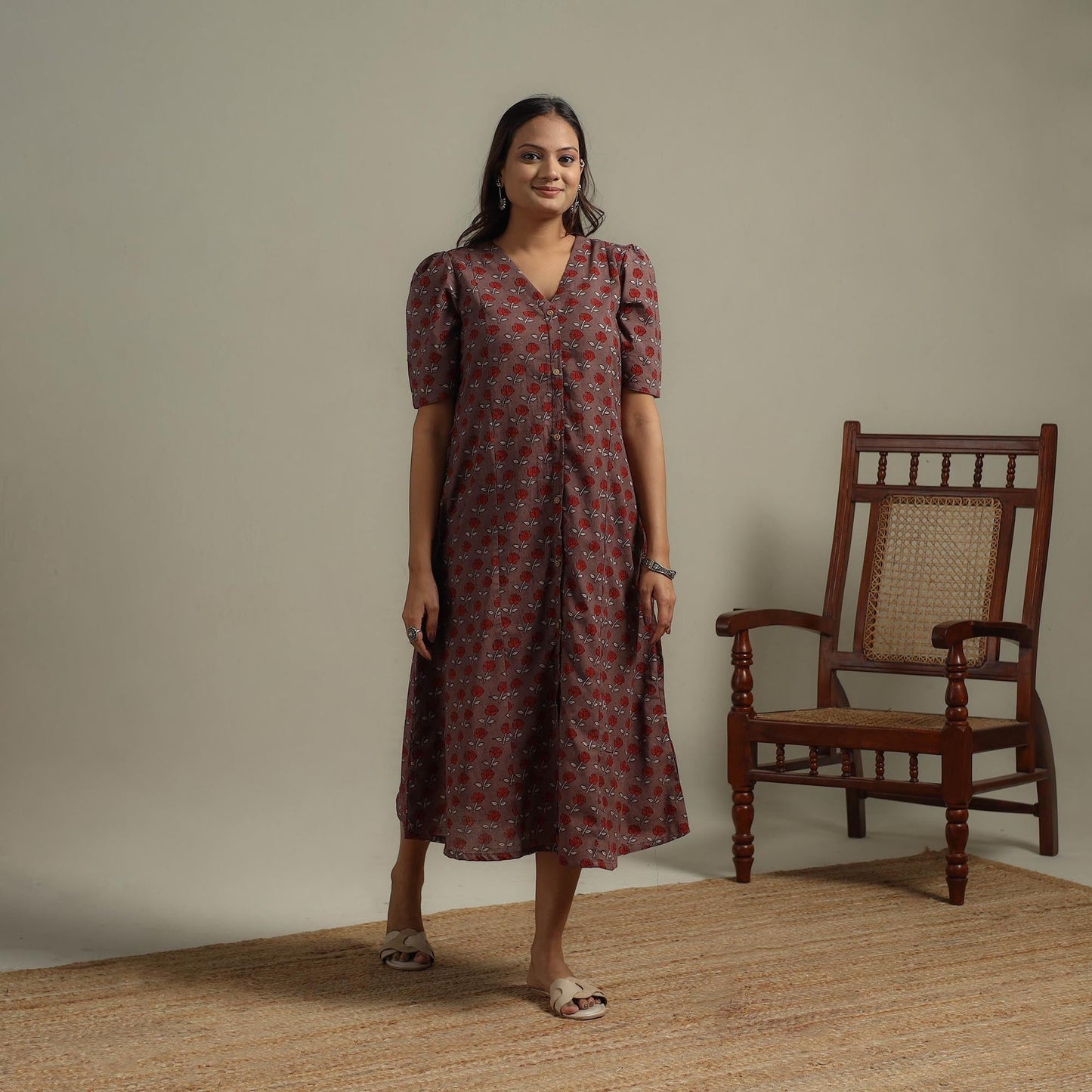 Natural dyed cotton button down dress 07 - handcrafted