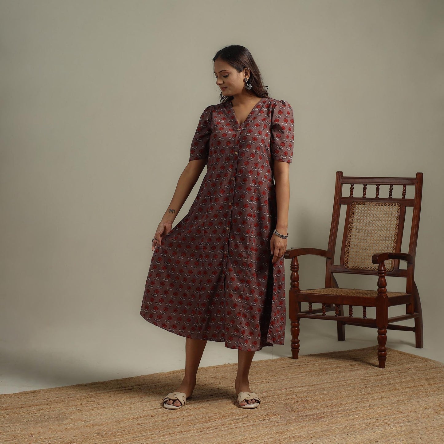 Natural dyed cotton button down dress 07 - handcrafted