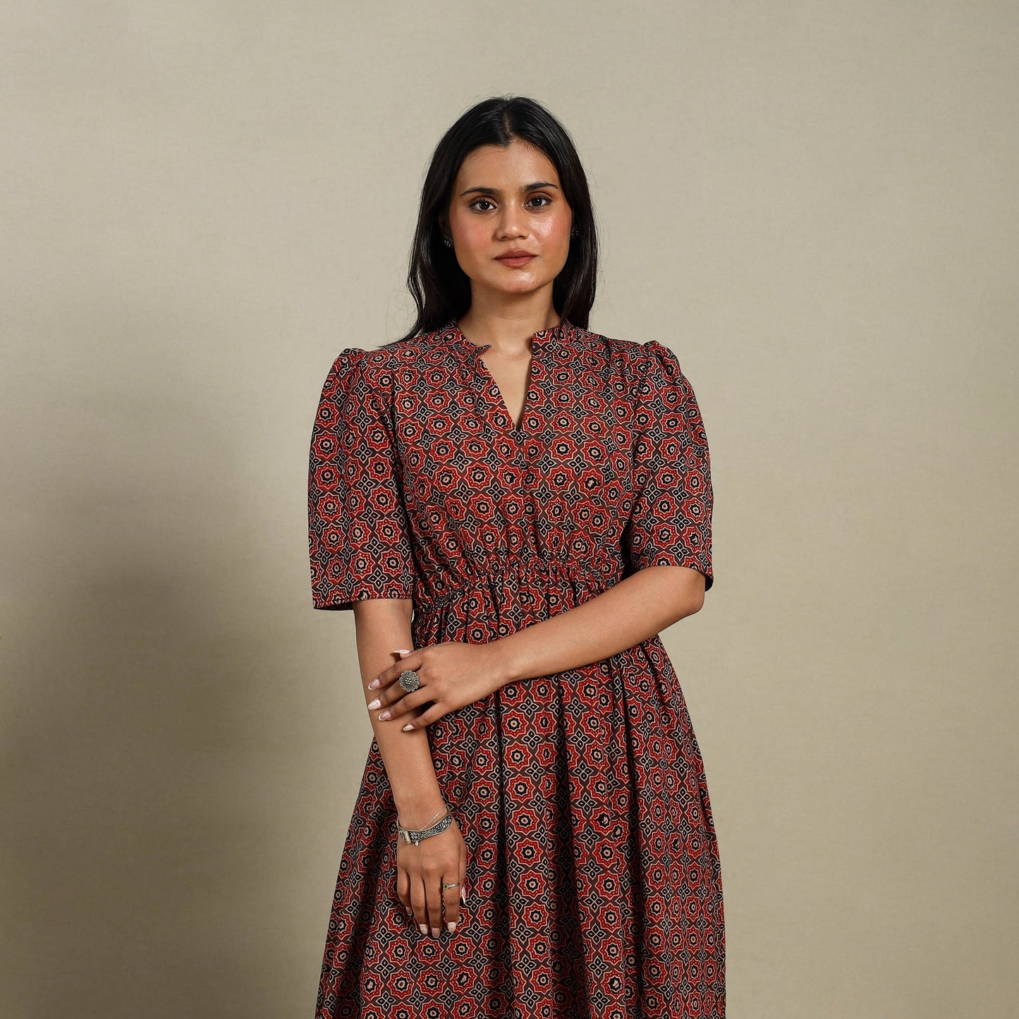 Brown - natural dyed cotton fit & flare dress 05