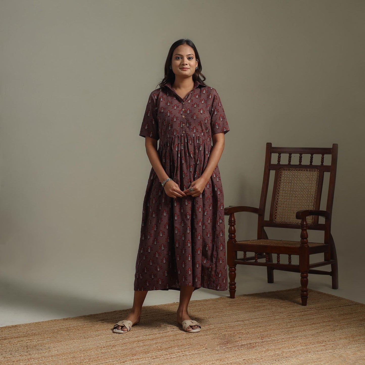 Natural dyed cotton flared dress 10 - handcrafted