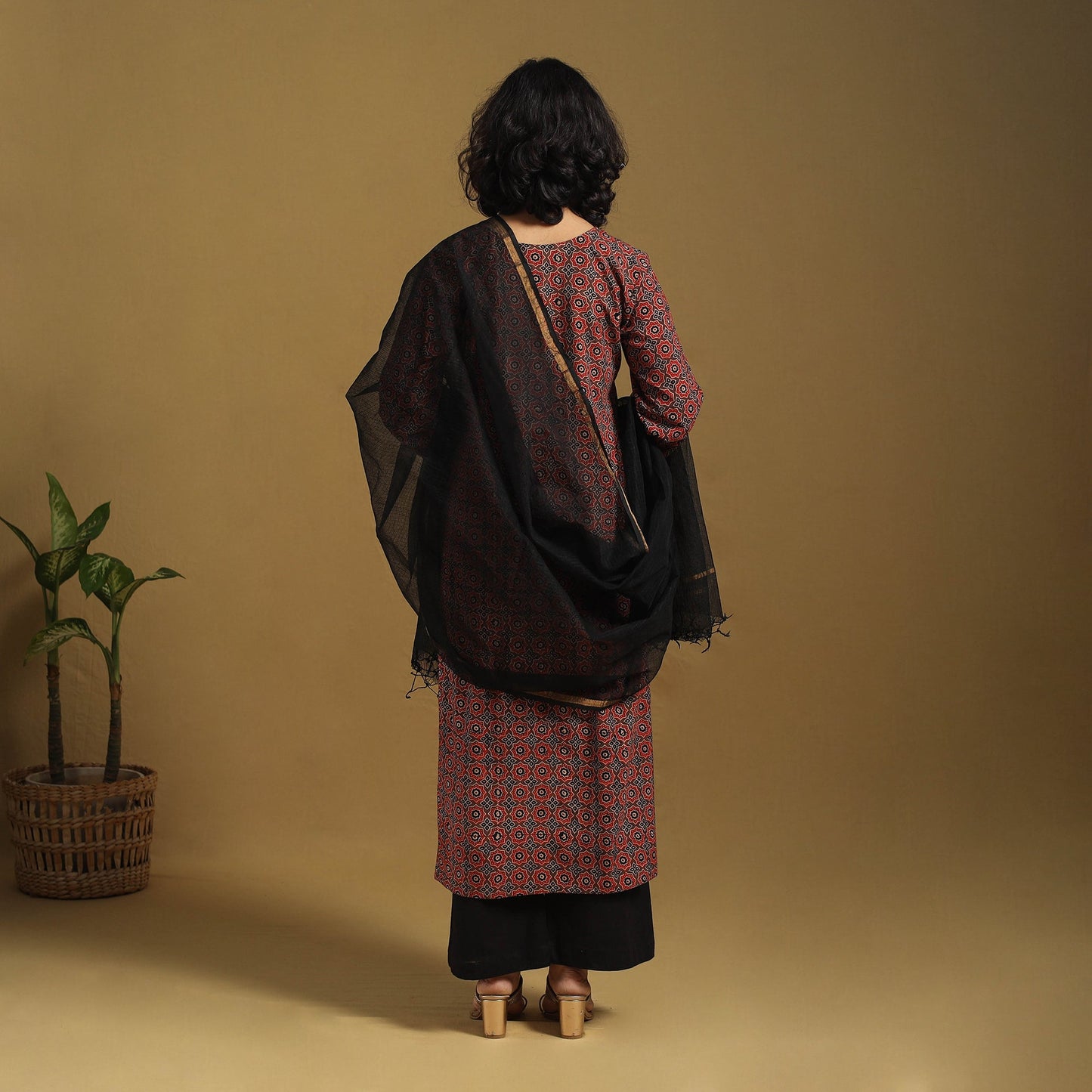 Brown Natural Dyed Block Print Cotton Ajrakh Kurta Set (Set of 3)