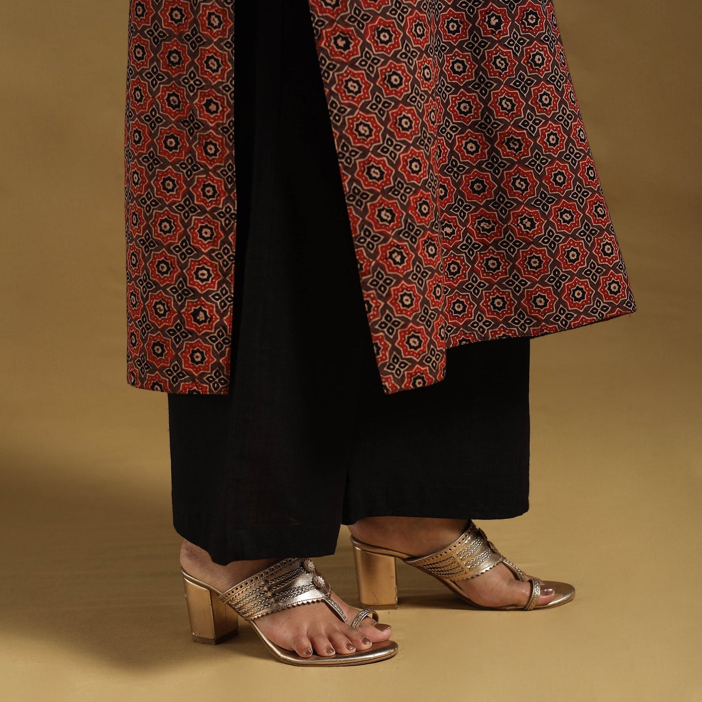 Brown Natural Dyed Block Print Cotton Ajrakh Kurta Set (Set of 3)