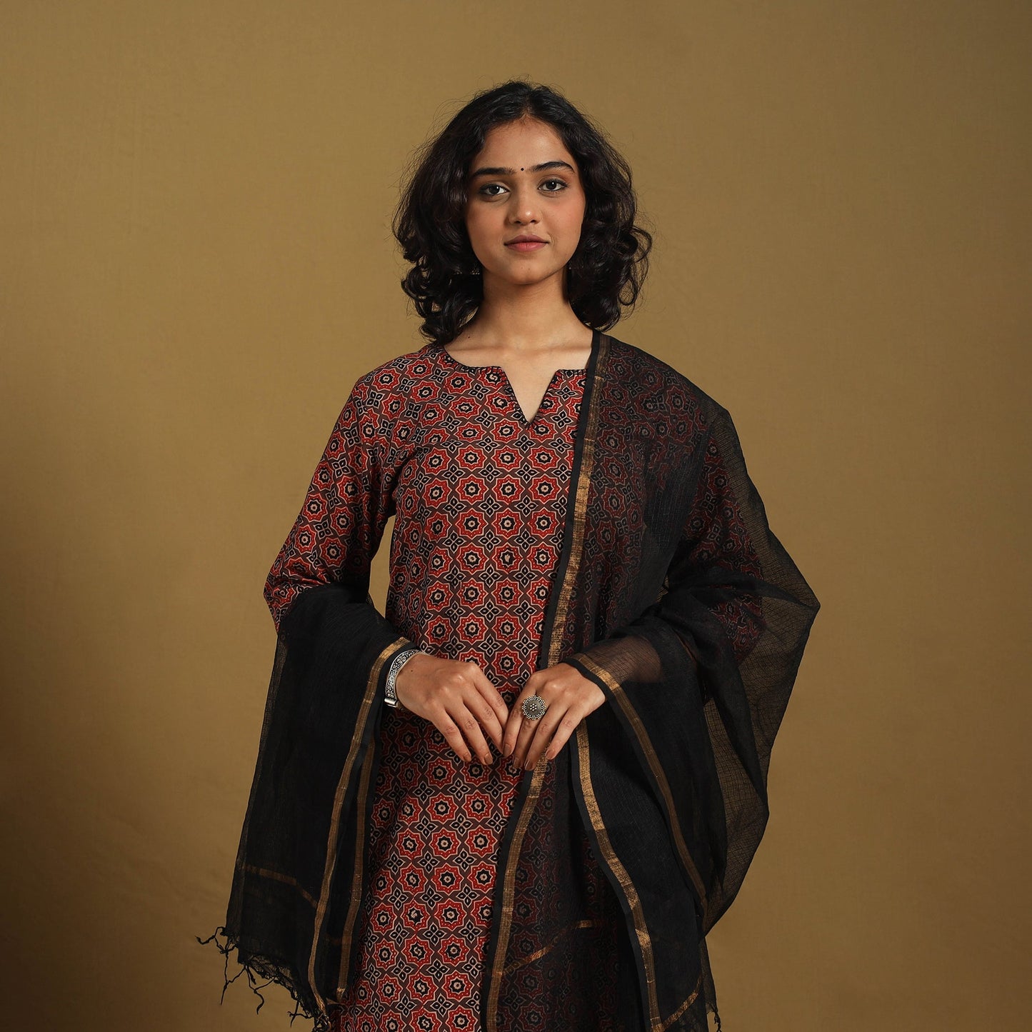 Brown Natural Dyed Block Print Cotton Ajrakh Kurta Set (Set of 3)