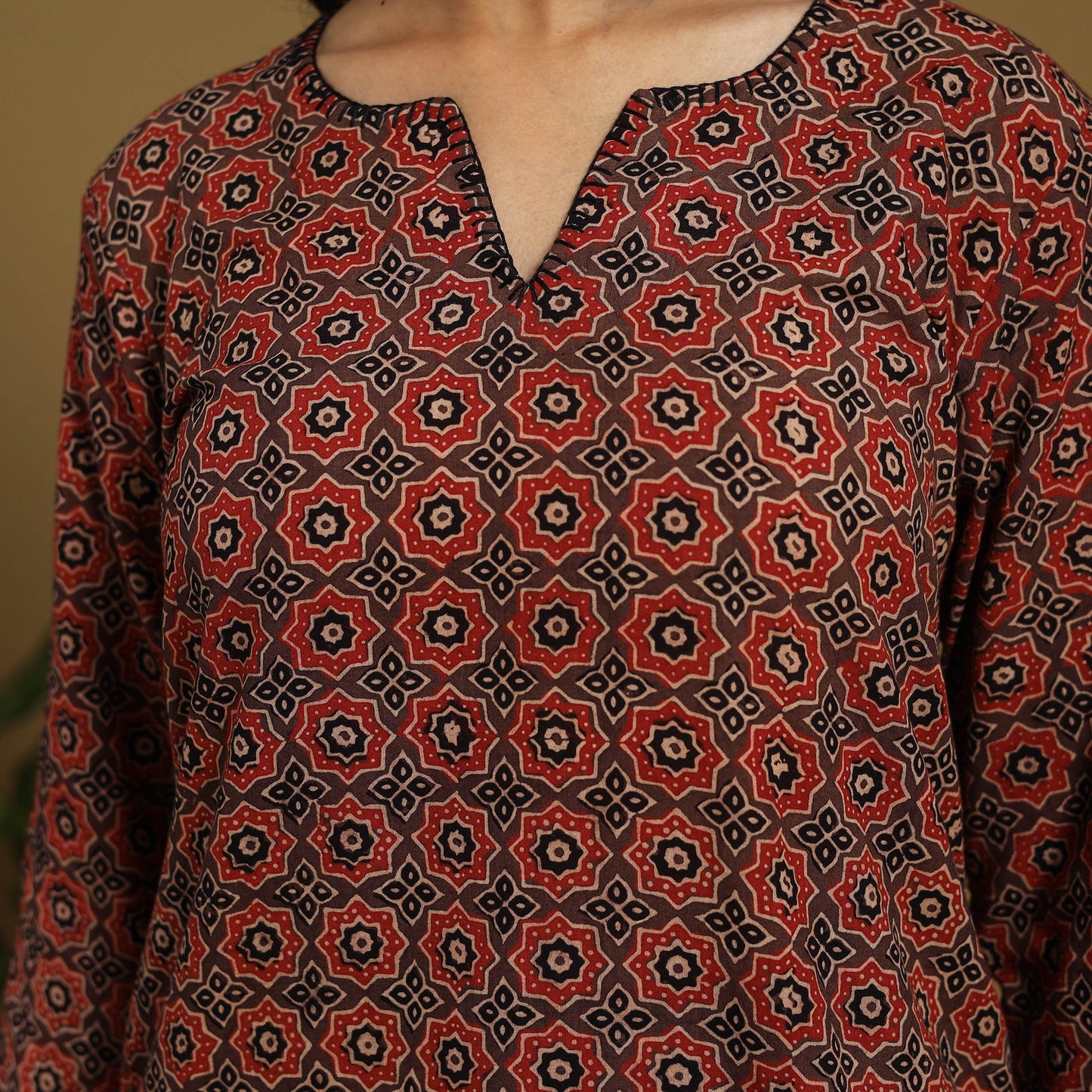 Brown Natural Dyed Block Print Cotton Ajrakh Kurta Set (Set of 3)