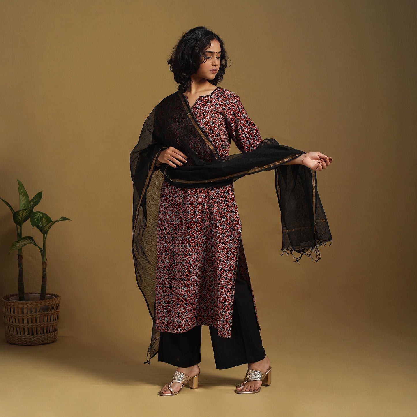 Brown Natural Dyed Block Print Cotton Ajrakh Kurta Set (Set of 3)