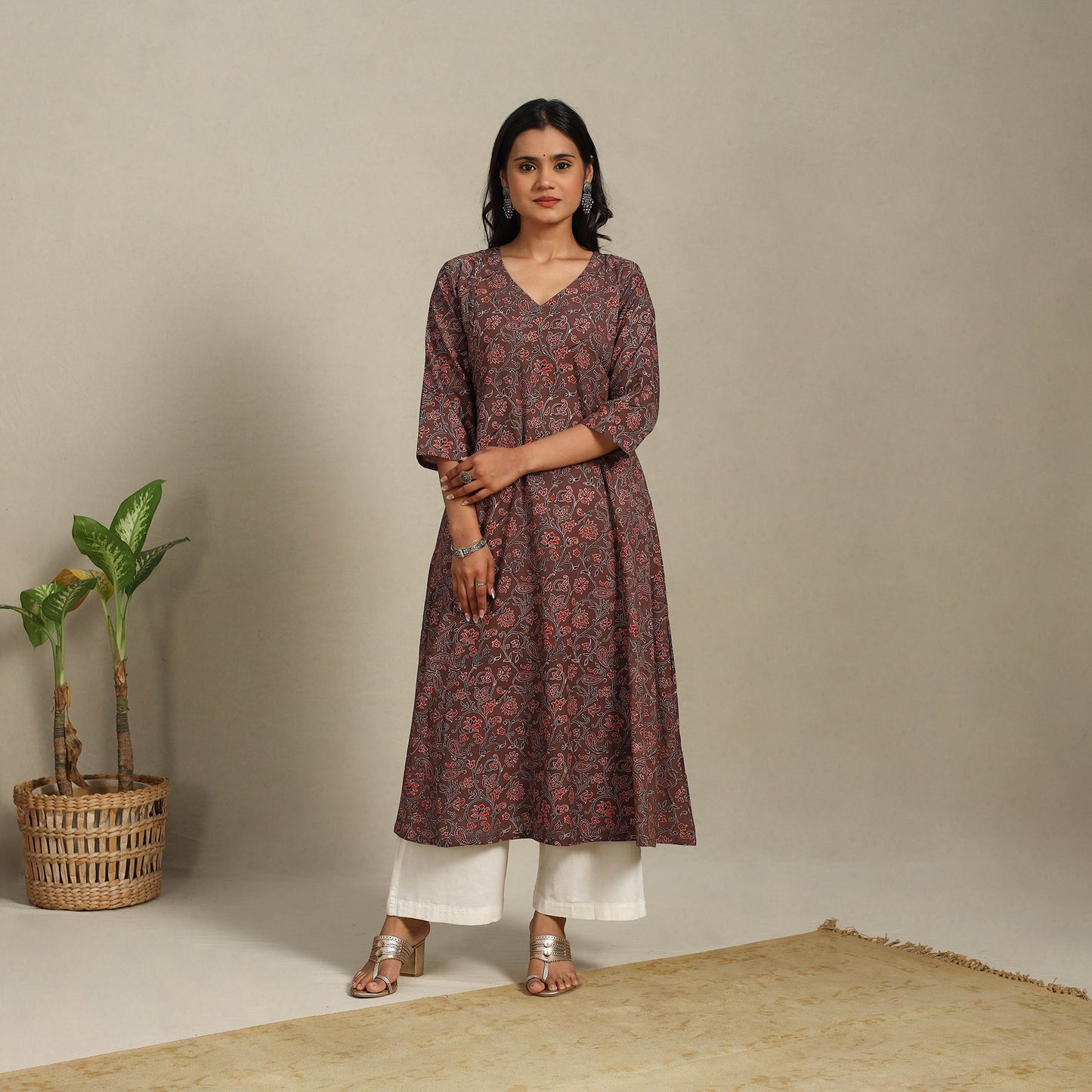 Brown Block Print Natural Dyed Cotton A-Line Ajrakh Kurta