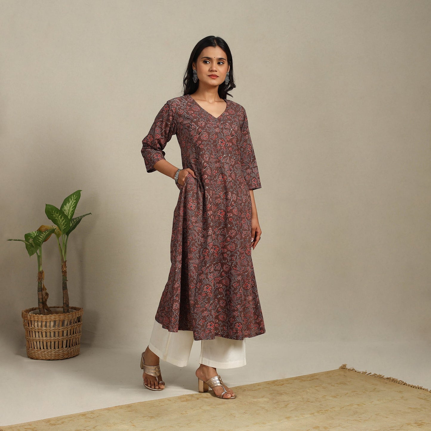 Brown Block Print Natural Dyed Cotton A-Line Ajrakh Kurta