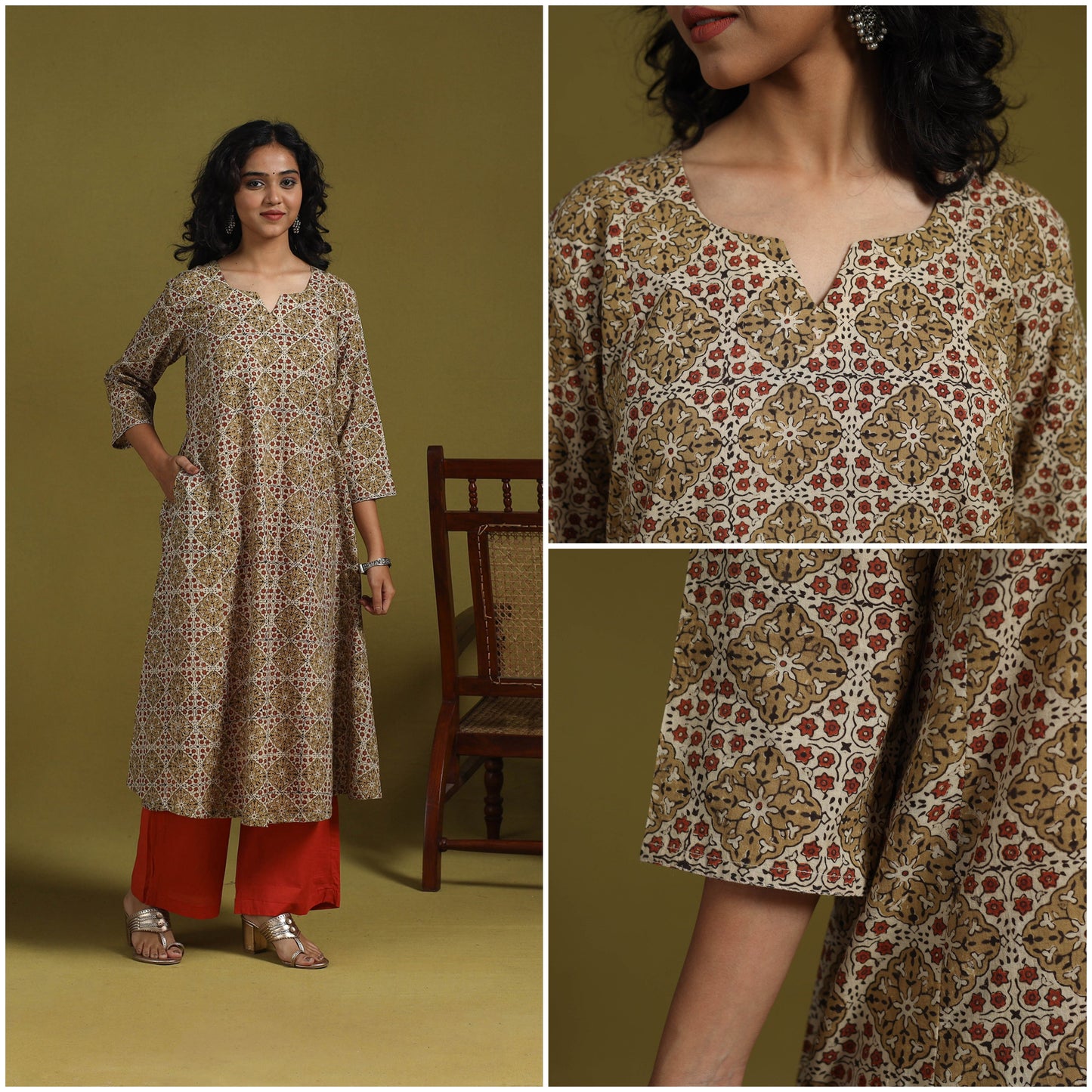 Natural dyed cotton a-line kurta for women 09 - handcrafted
