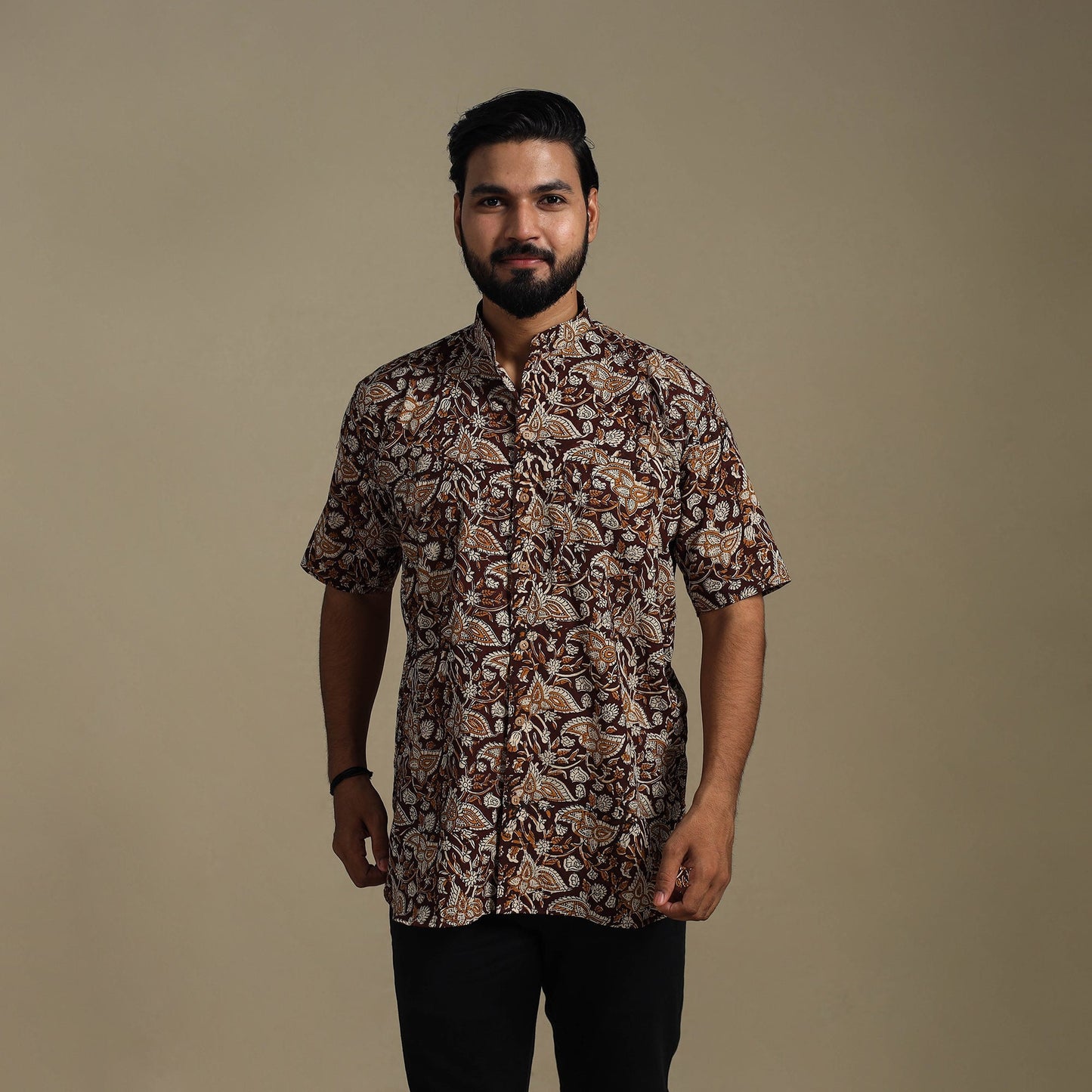 Brown - natural dyed cotton men half sleeve bagru shirt 05