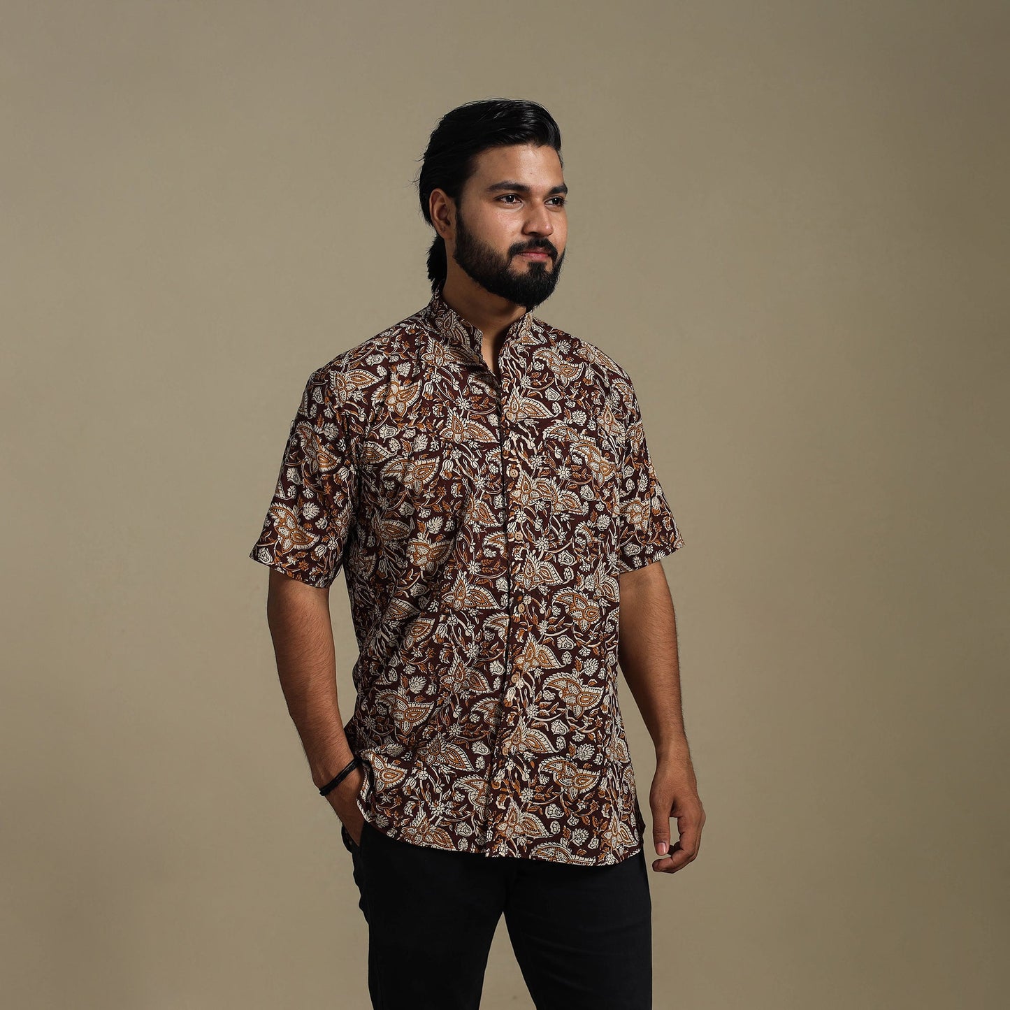 Brown - natural dyed cotton men half sleeve bagru shirt 05