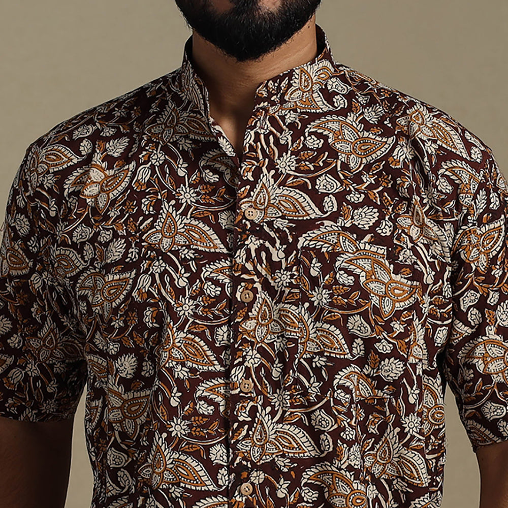 Brown - natural dyed cotton men half sleeve bagru shirt 05