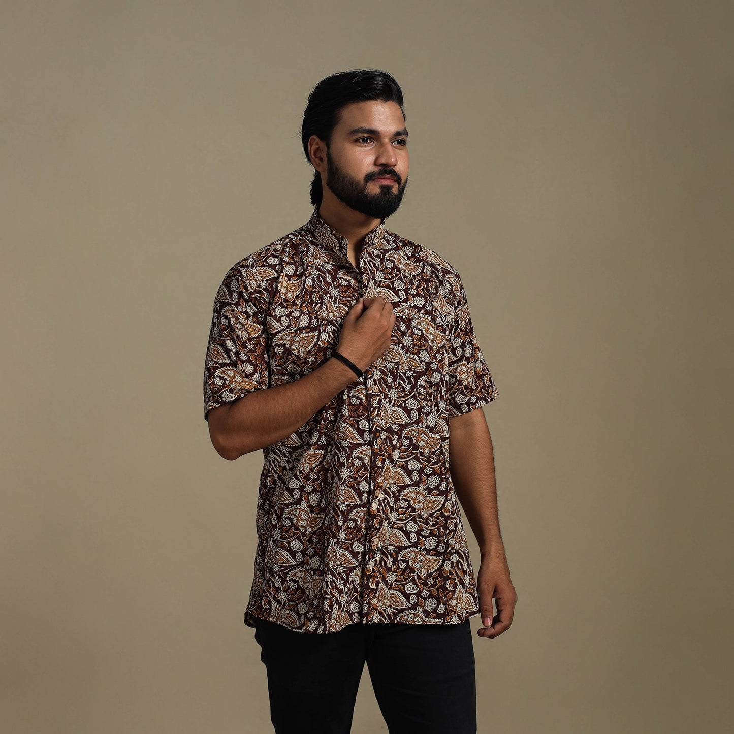 Brown - natural dyed cotton men half sleeve bagru shirt 05
