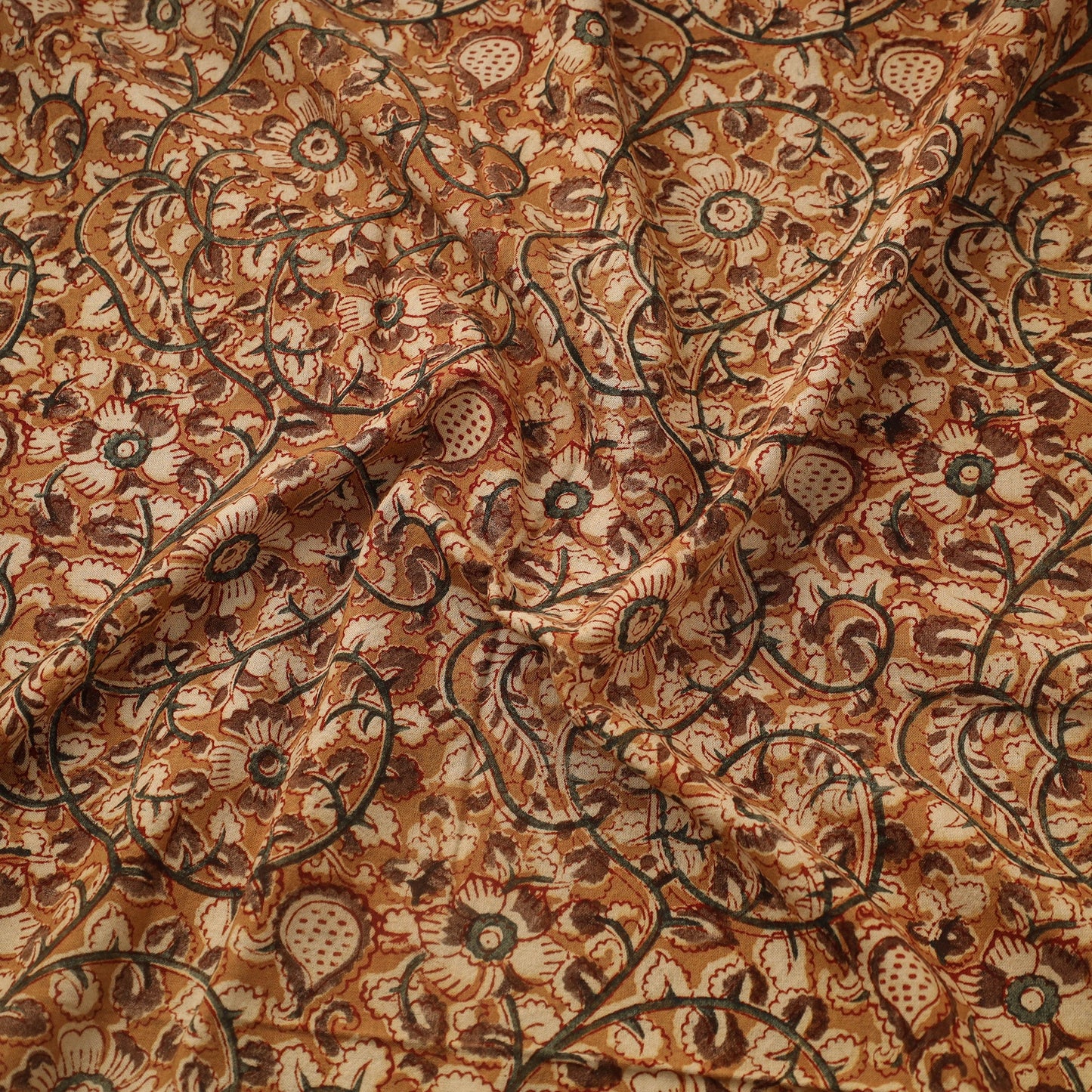 Brown Natural Dyed Block Print Cotton Pedana Kalamkari Fabric