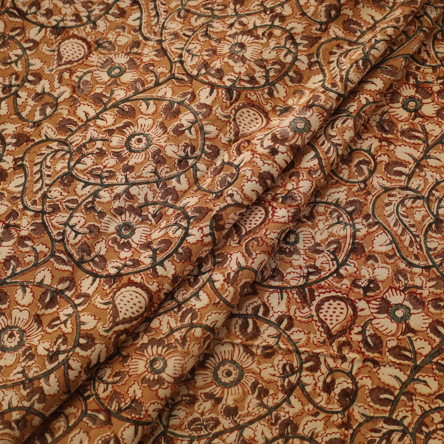 Brown Natural Dyed Block Print Cotton Pedana Kalamkari Fabric