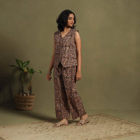 Brown Natural Dyed Block Print Cotton Pedana Kalamkari Co-ord Set