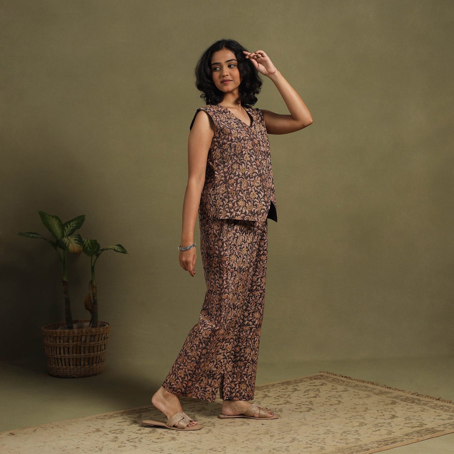 Brown Natural Dyed Block Print Cotton Pedana Kalamkari Co-ord Set