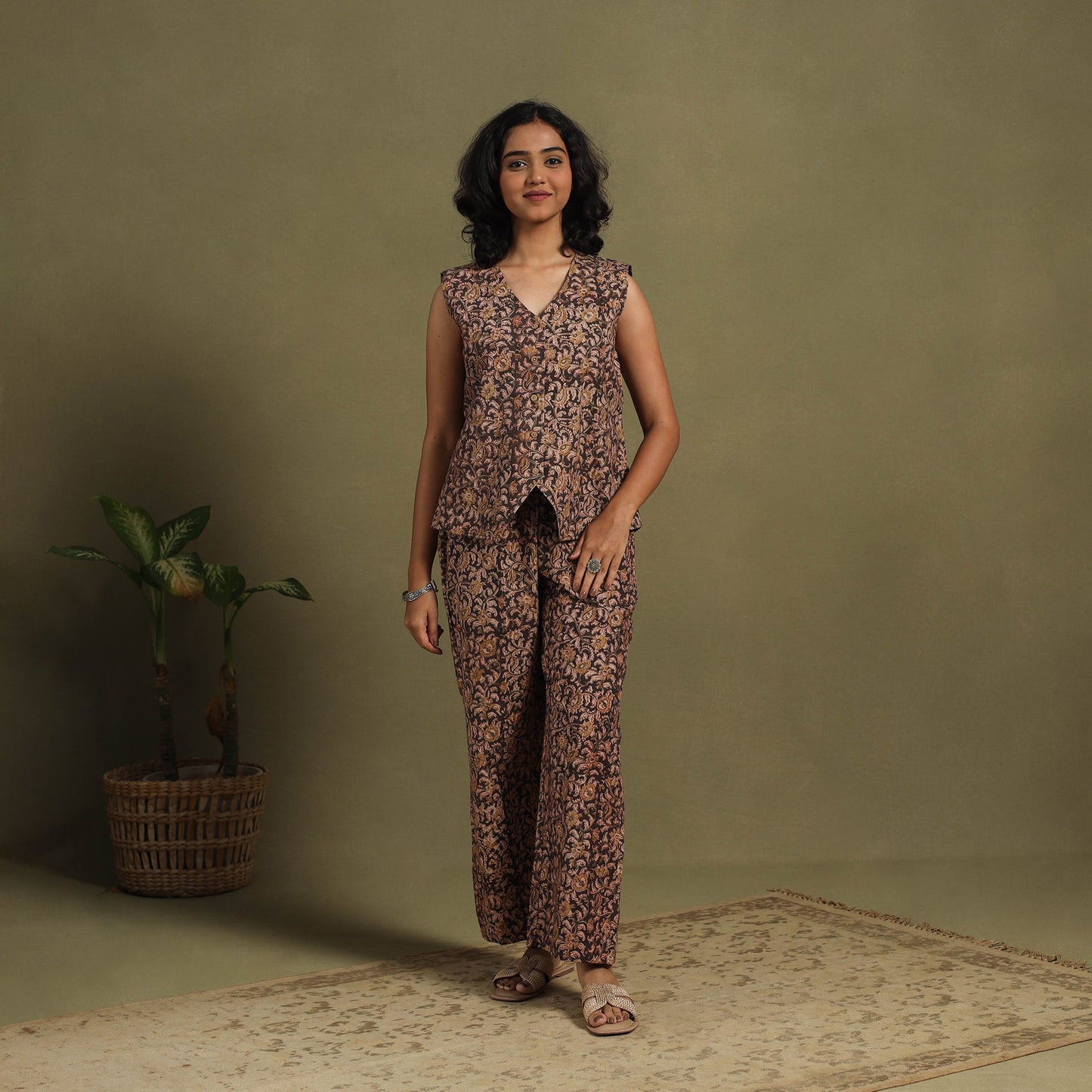 Brown Natural Dyed Block Print Cotton Pedana Kalamkari Co-ord Set