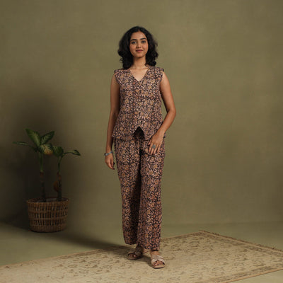 Brown Natural Dyed Block Print Cotton Pedana Kalamkari Co-ord Set